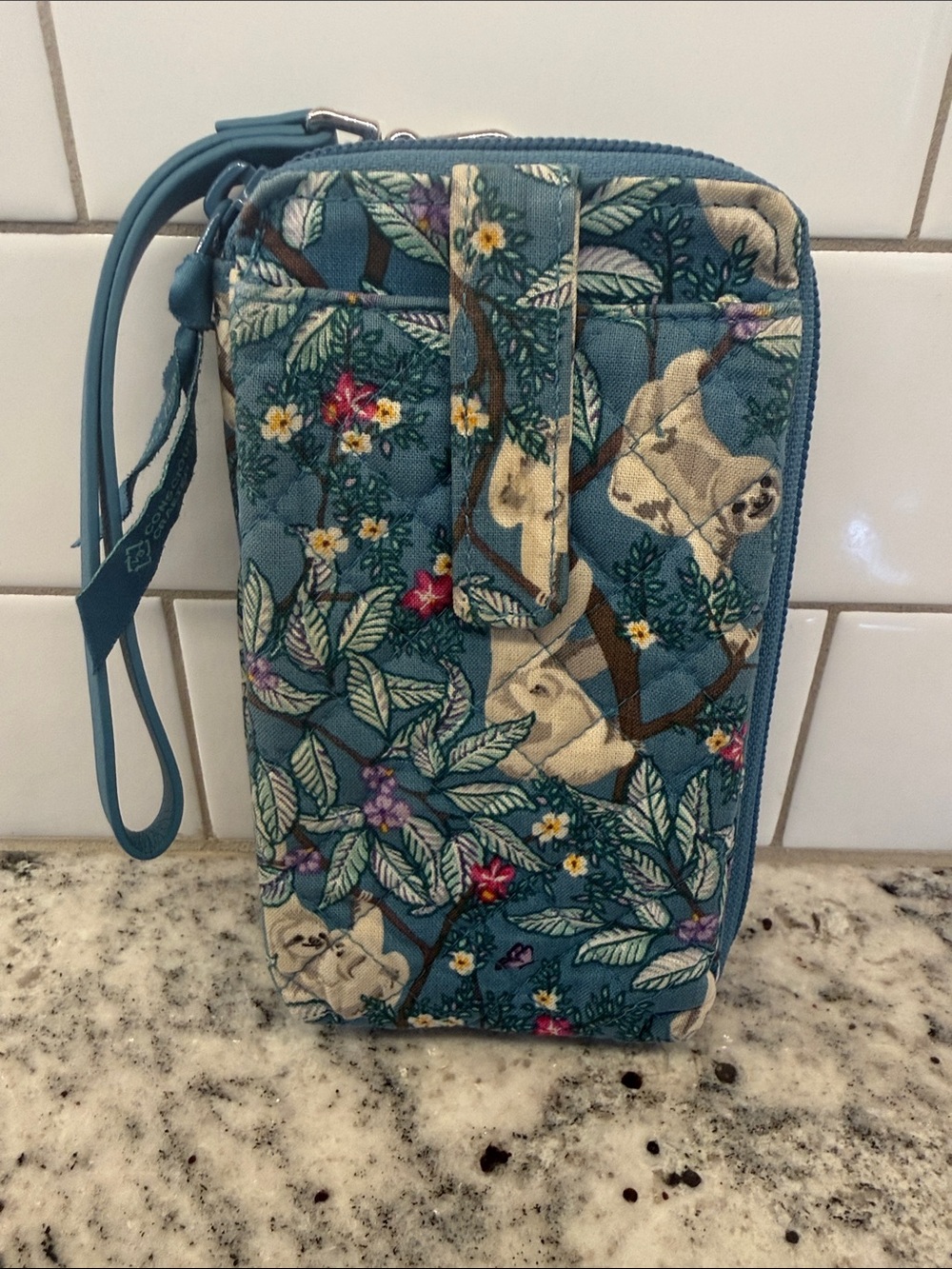Vera Bradley Teal Quilted Wristlet Wallet with Floral & Sloth Print